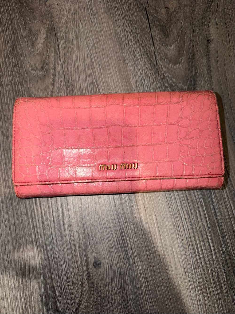 Miu Miu Coral Pink Croc-Embossed Leather Continental Wallet with Gold Logo